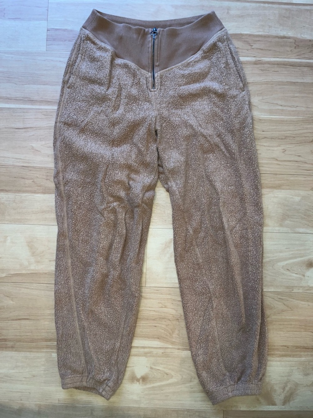 aerie Camel Teddy Fleece Jogger Pants with Front Zip